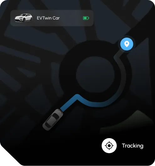 App-Visual: eine gefahrene Strecke auf der Karte, mit Fahrzeug und Akkustand