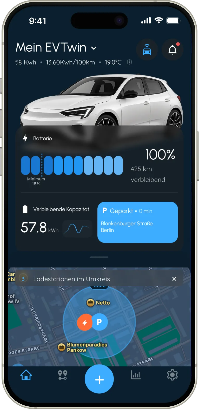 EVTwin App auf dem Smartphone: Akkustand, Reichweite, Parkposition und Ladesäulen in der Nähe