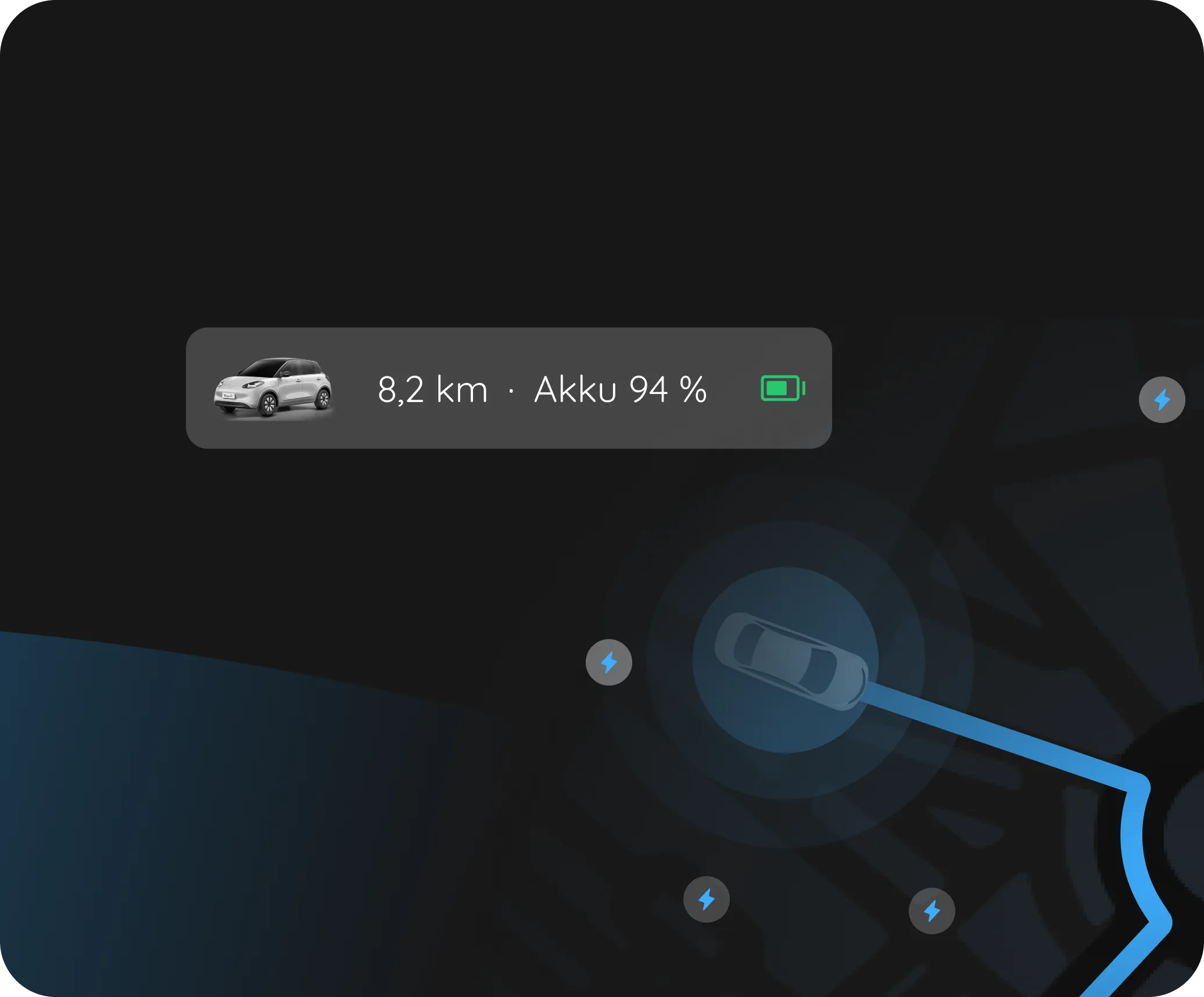 App-Ansicht: eine automatisch erkannte Fahrt auf der Karte — 8,2 km, Akku 94 %