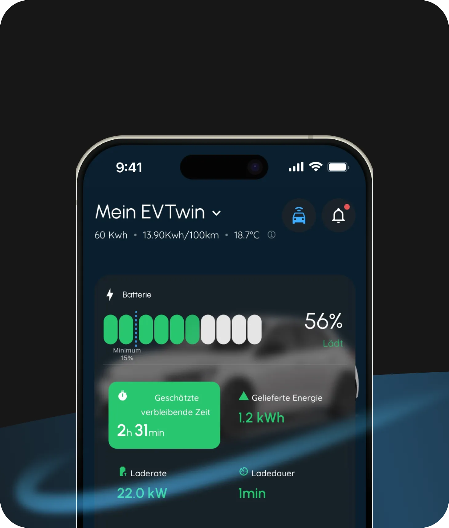 App-Ansicht: simulierter Ladevorgang mit 56 % Akku, 22,0 kW Laderate und geschätzter Restzeit